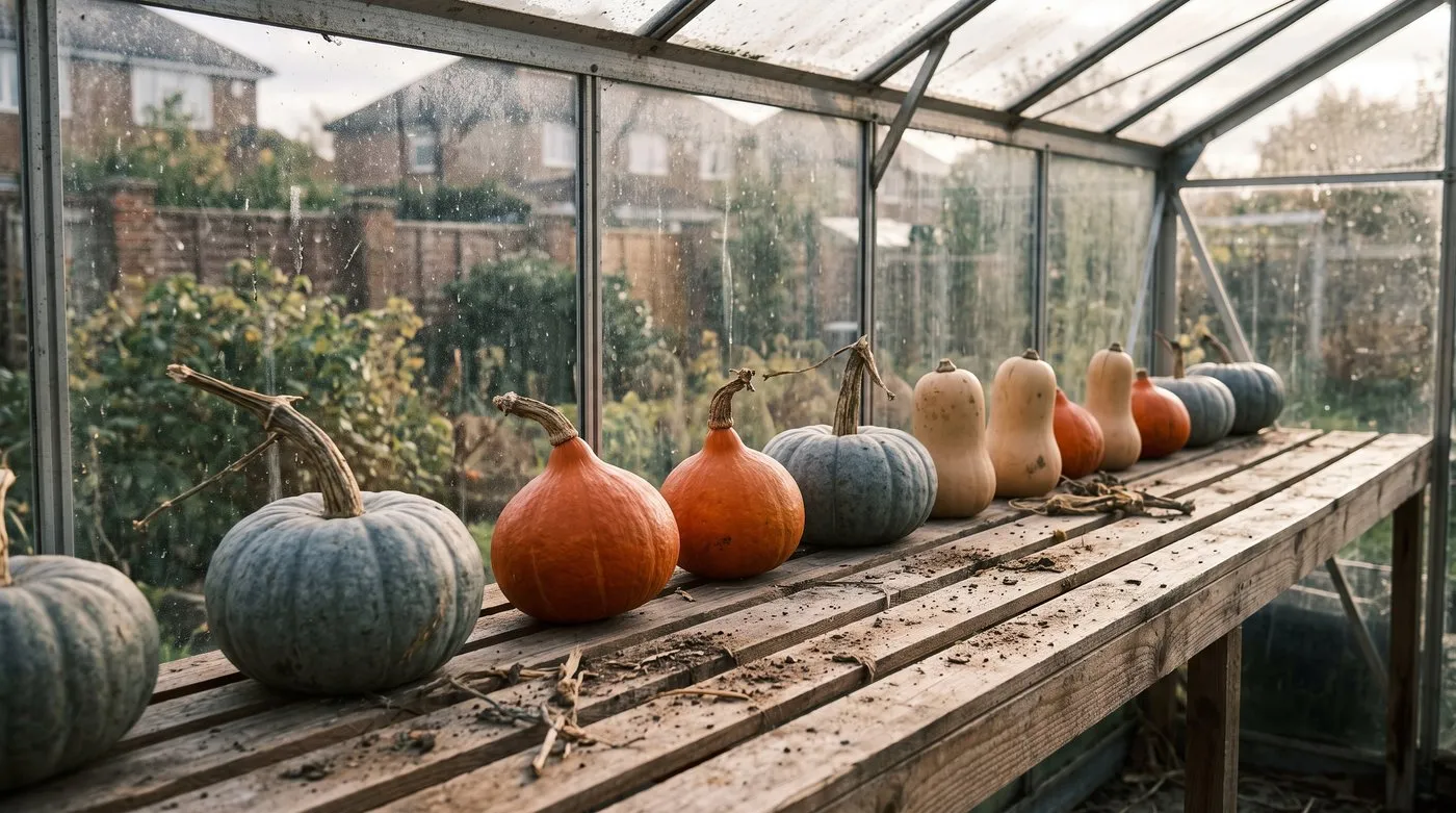 Crown Prince, Uchiki Kuri and butternut squash curing on a sunny greenhouse bench