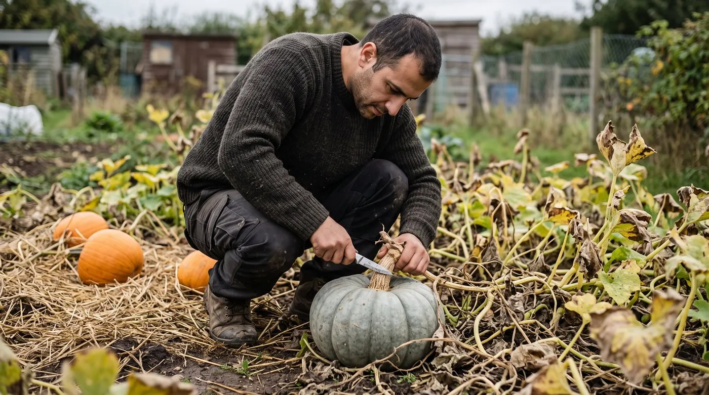 Man cutting a ripe Crown Prince squash from the plant leaving a long stalk