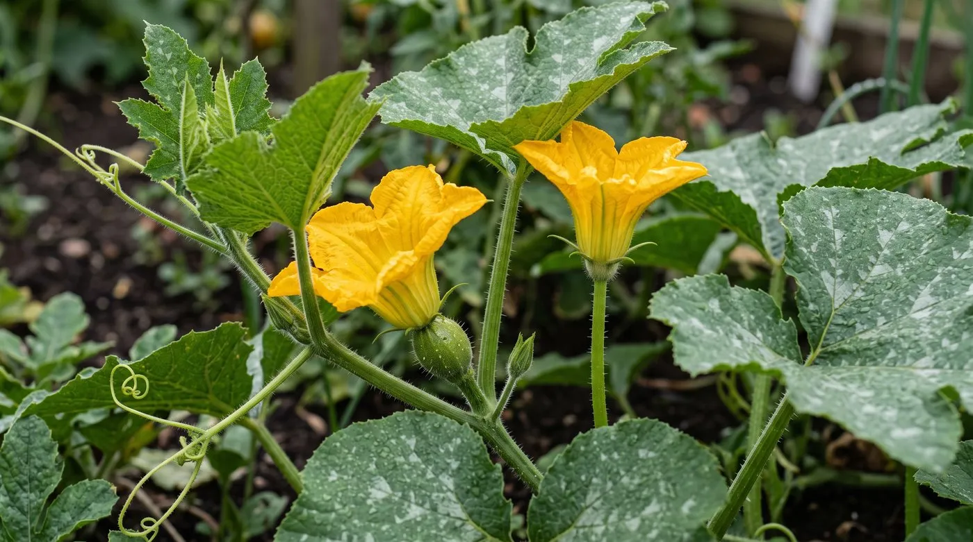 Female squash flower with a tiny fruit behind it beside a male flower on a long stalk