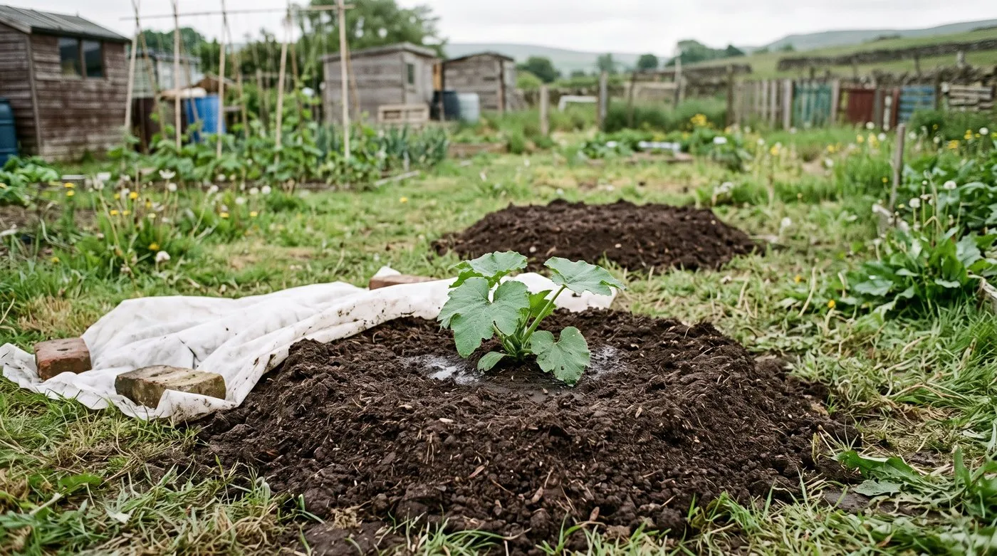 Young squash plant planted on a raised mound of rich manure and soil