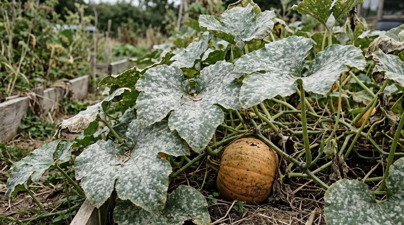 Squash leaves covered in white dusty patches of powdery mildew in late summer