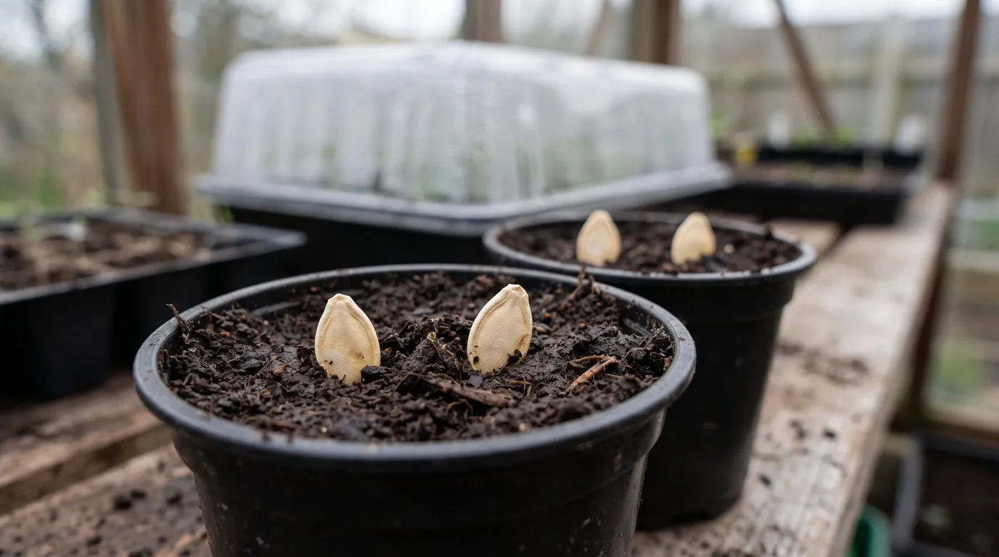 Squash seeds pushed into pots of compost on their edges rather than flat