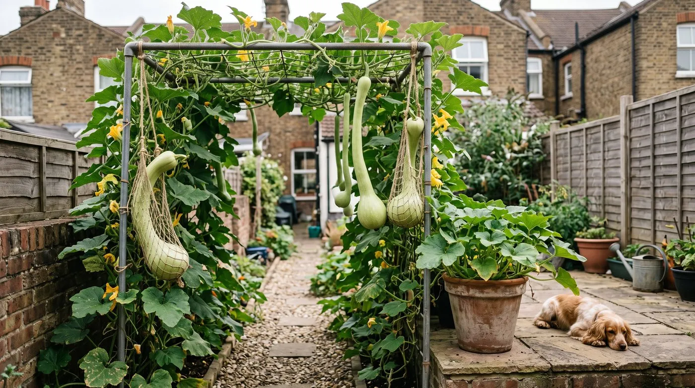 Tromboncino squash climbing an arch with fruit in slings, a spaniel resting on the patio