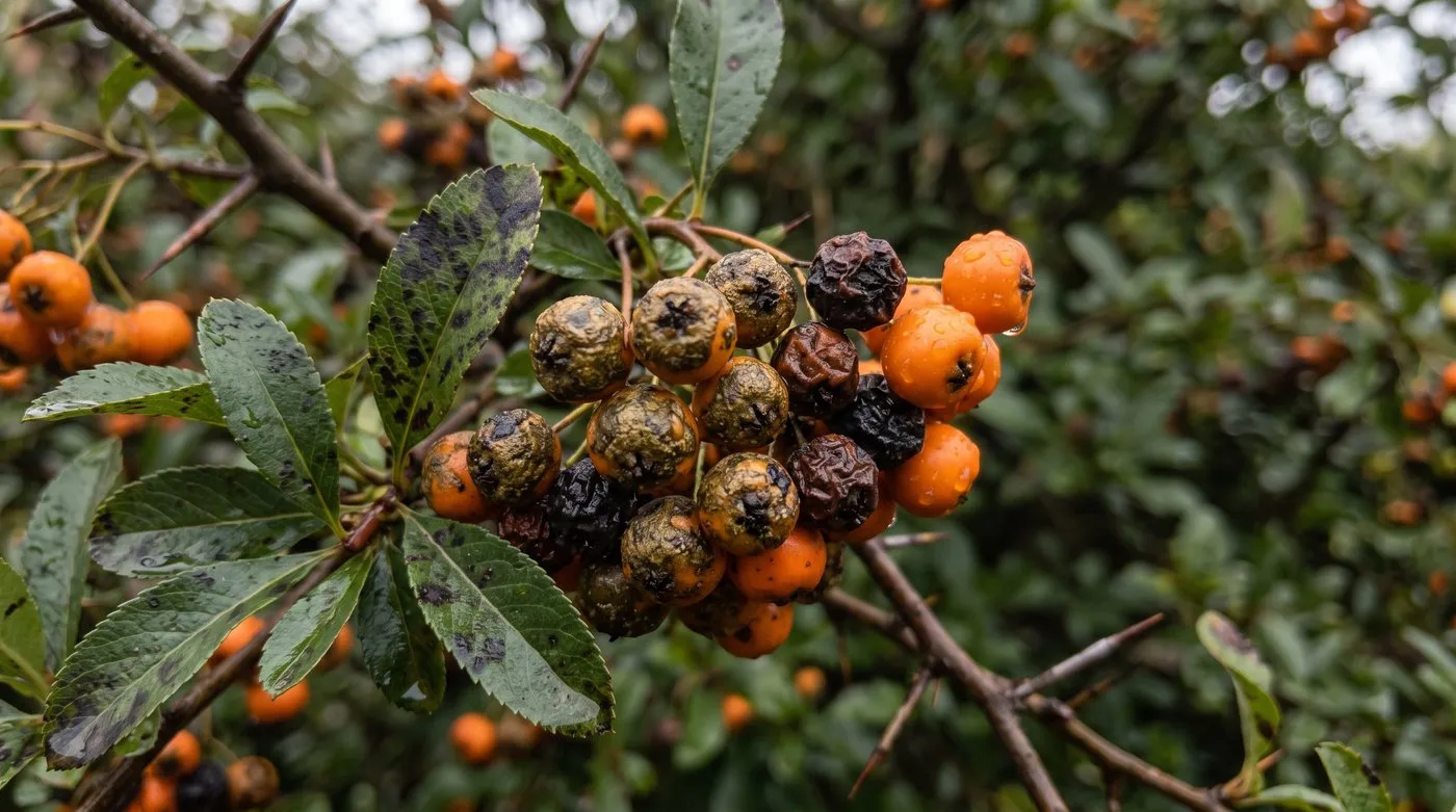 Pyracantha berries blotched black and shrivelled by scab beside clean orange berries