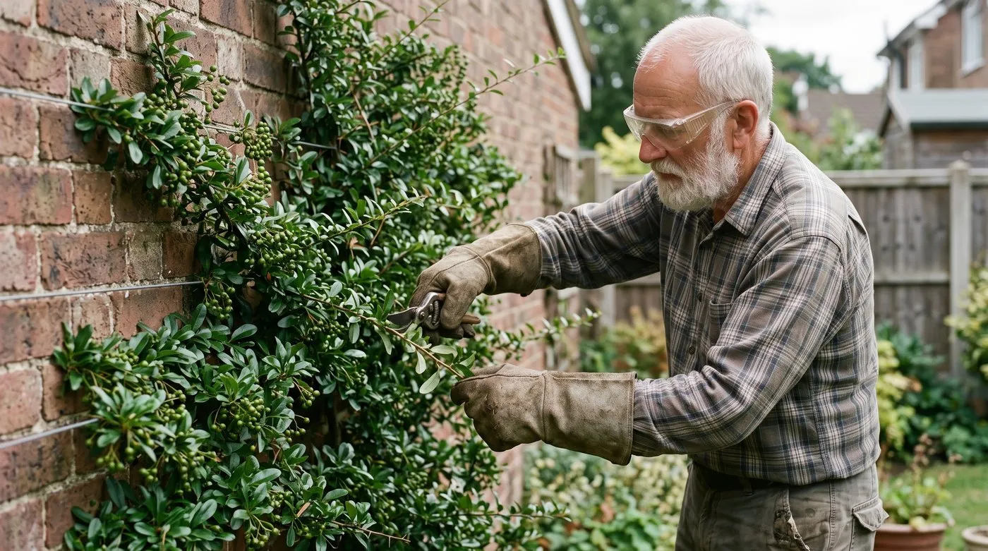 Gardener in thick gloves and safety glasses pruning outward shoots on a wall-trained pyracantha
