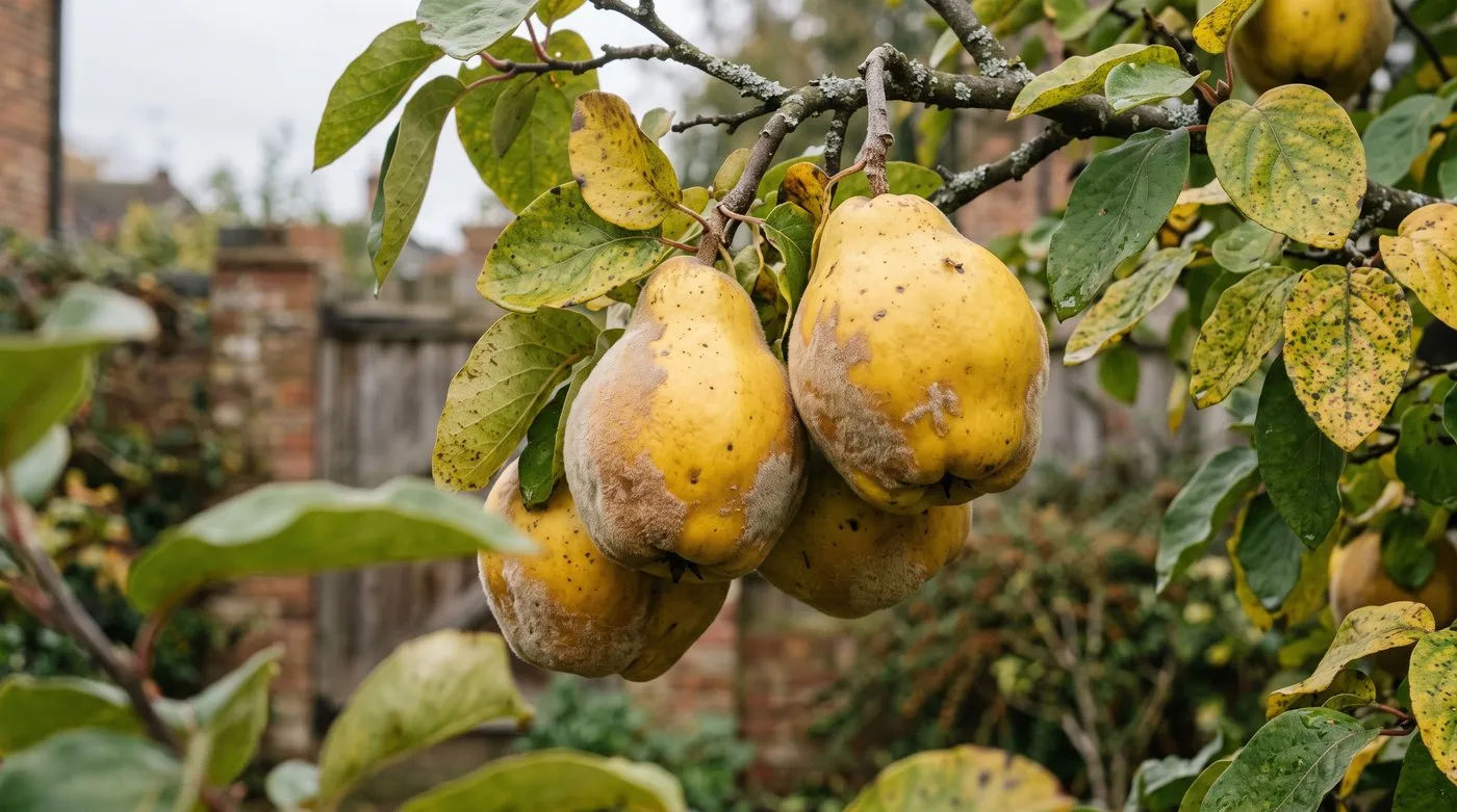 Ripe golden-yellow pear-shaped quinces with a little grey fuzz hanging on the tree