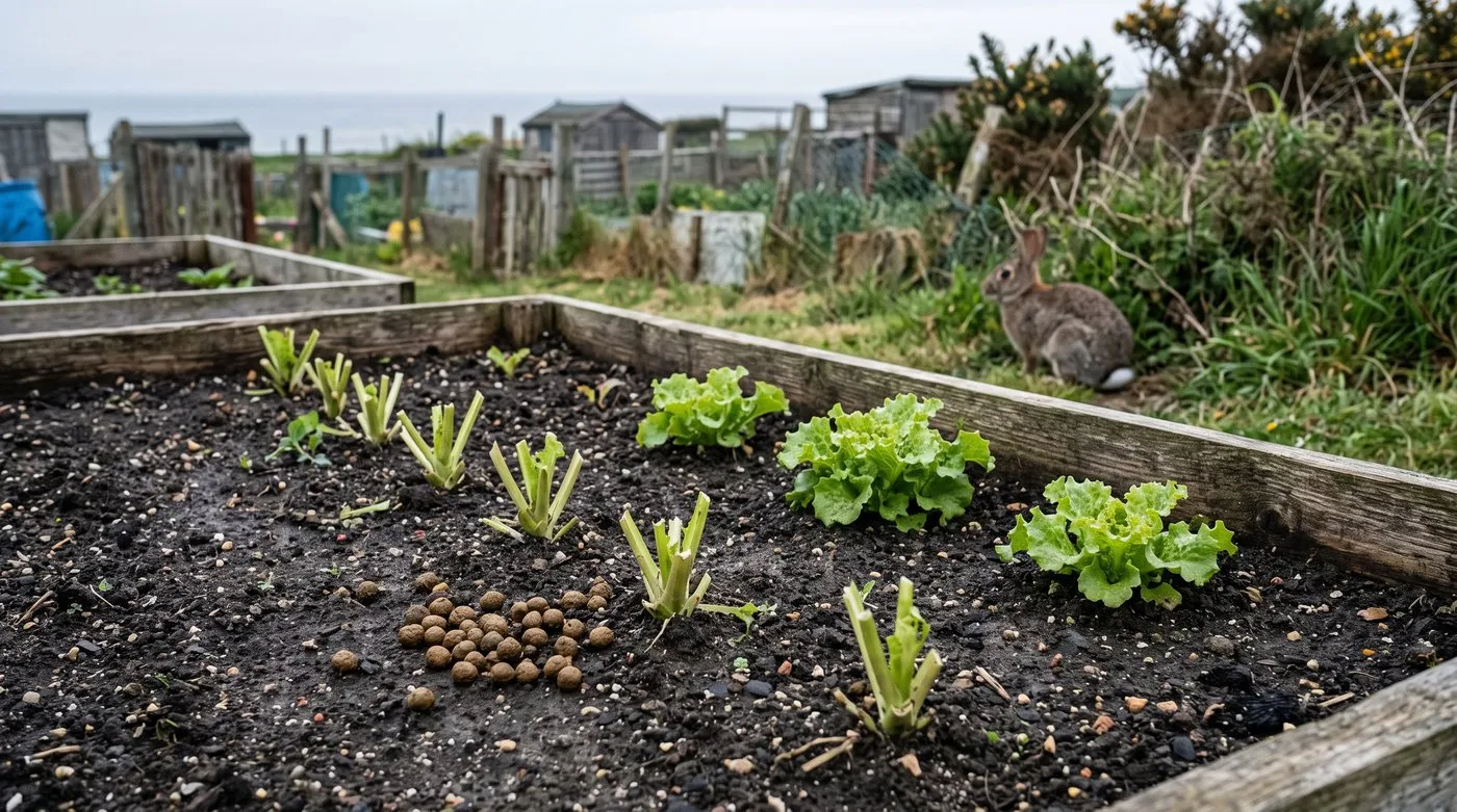 Lettuce row nibbled to clean-cut stumps by rabbits, with small round droppings on the soil