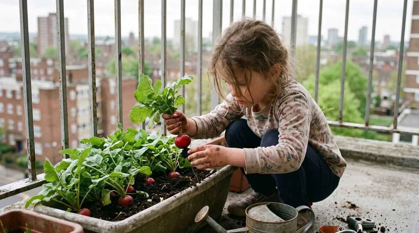 Young girl pulling a round red radish from a trough on a sunny city balcony
