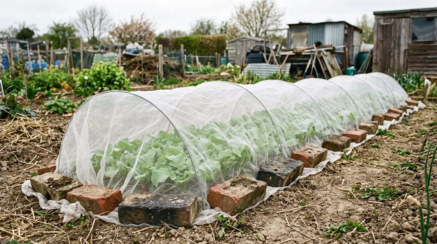 Row of young radishes protected by fine insect mesh held down with bricks