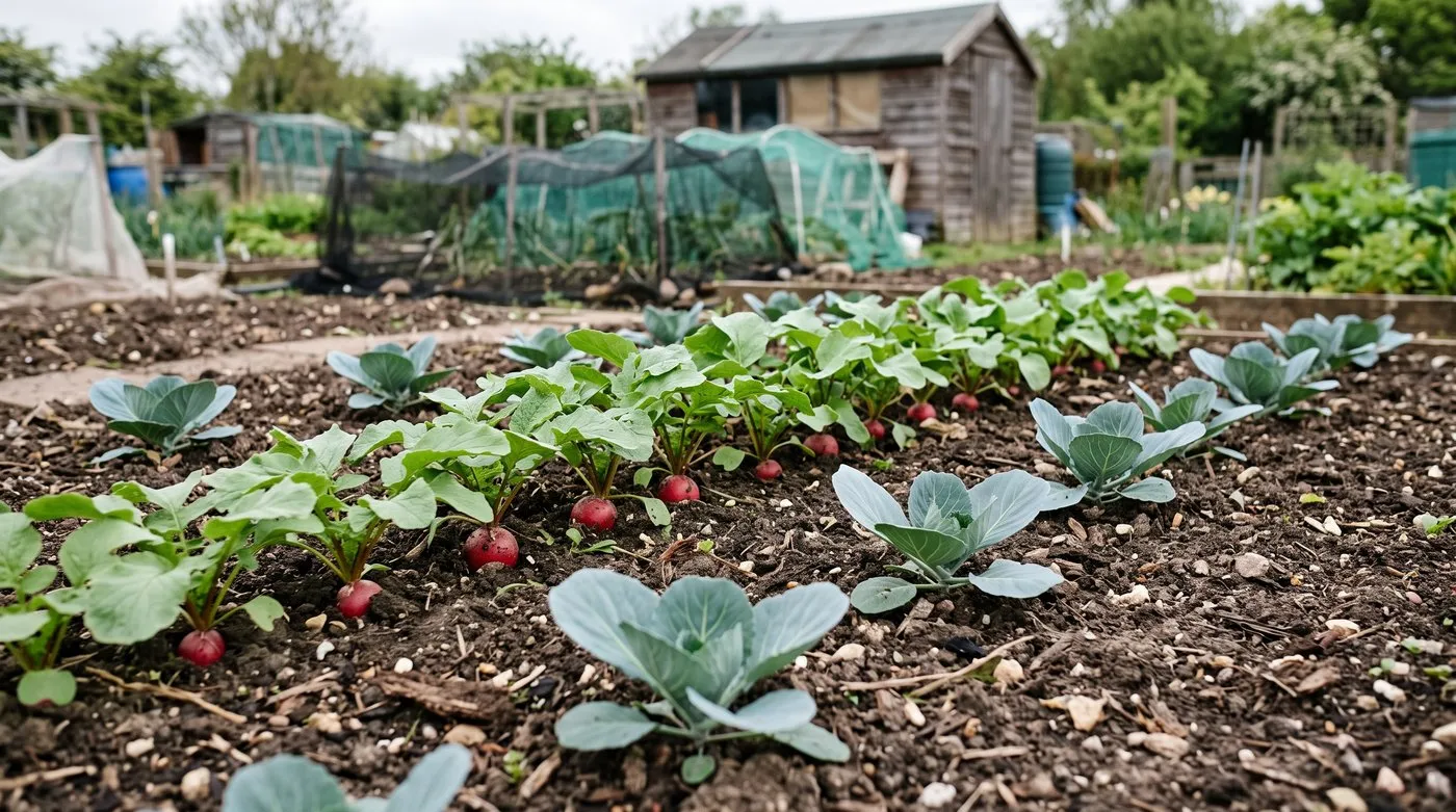 Radishes growing in the gaps between young cabbage plants on an allotment