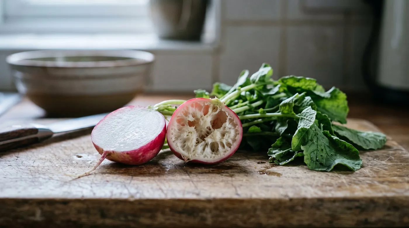 Two halved radishes, one with solid white flesh and one gone hollow and pithy