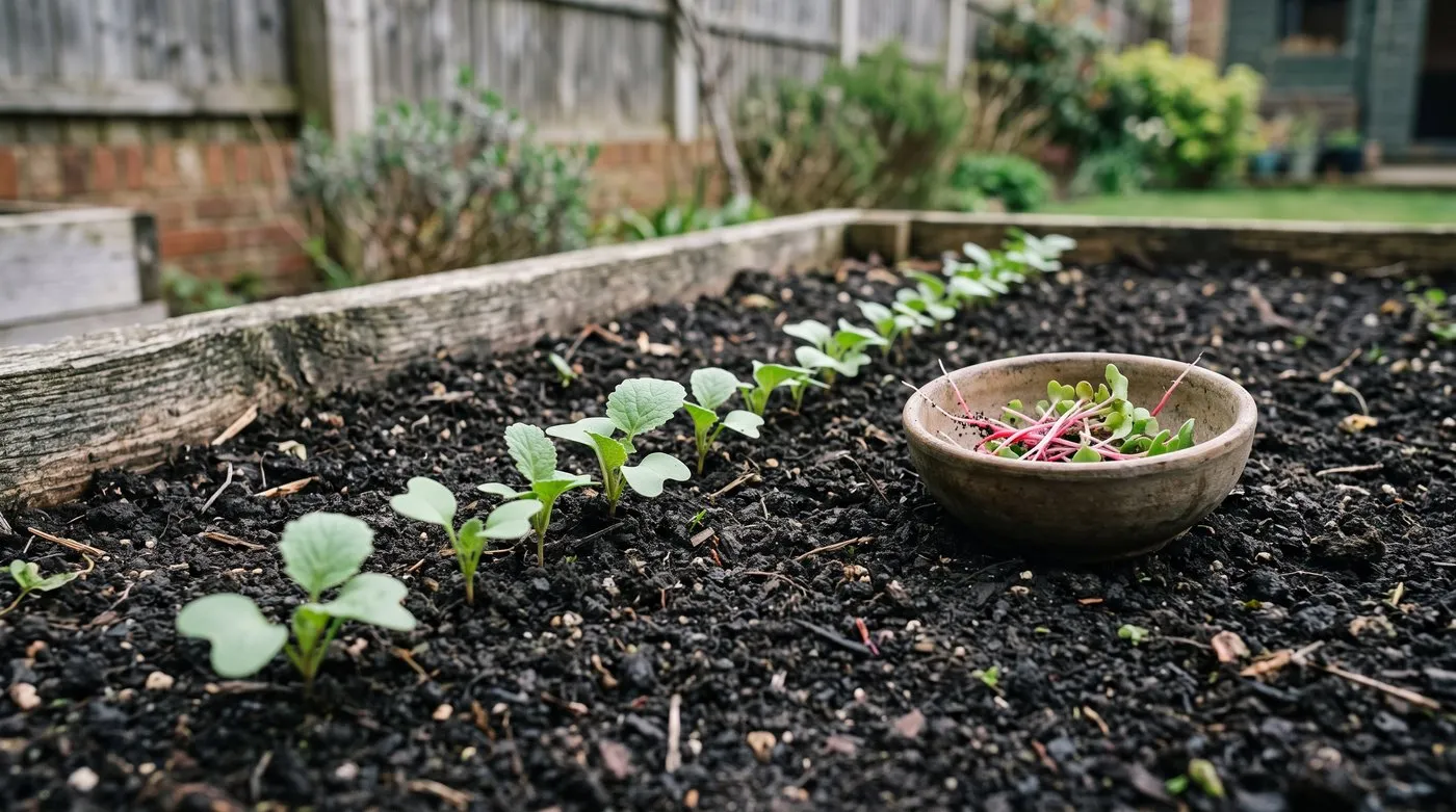 Radish seedlings thinned to 2.5cm apart with a bowl of thinnings beside the row