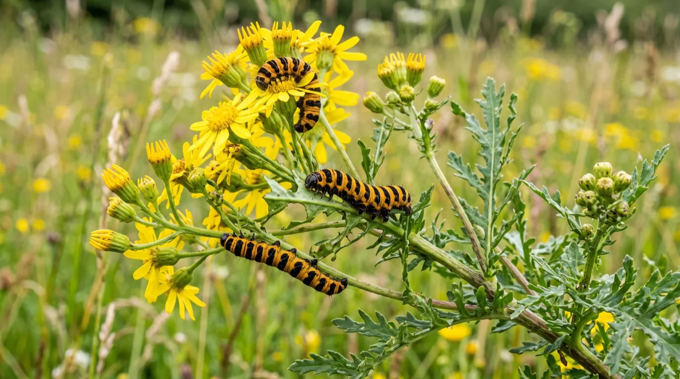 Black and yellow striped cinnabar moth caterpillars feeding on the leaves and stems of a ragwort plant