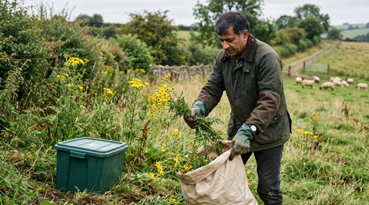 A gloved land manager bagging pulled ragwort plants beside a lidded container away from grazing animals
