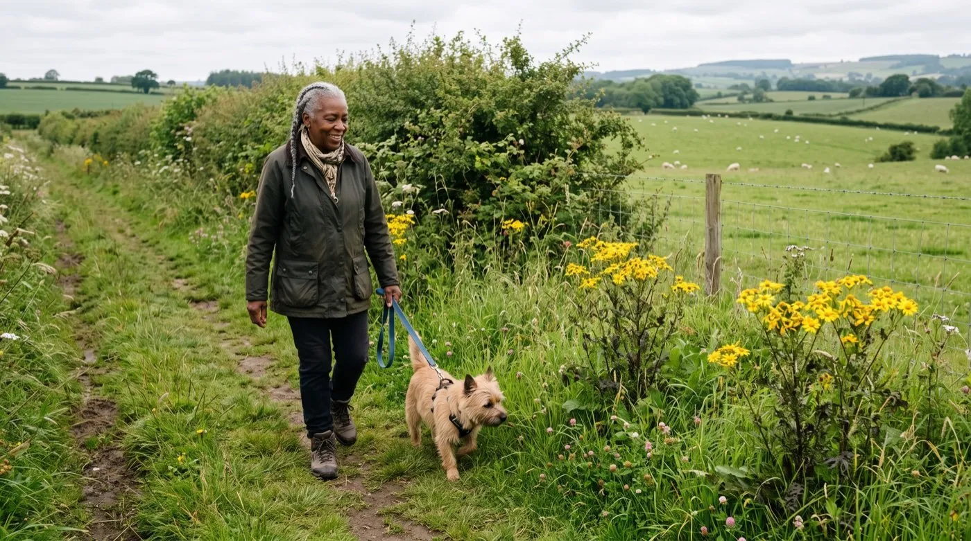 A dog walker passing common ragwort on a verge beside a fenced sheep pasture