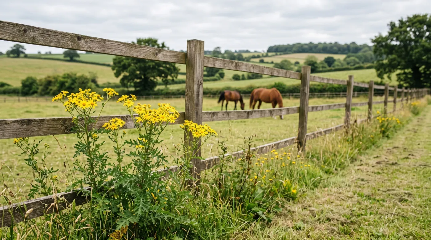 Horses grazing in a UK paddock with common ragwort in yellow flower along the fence line