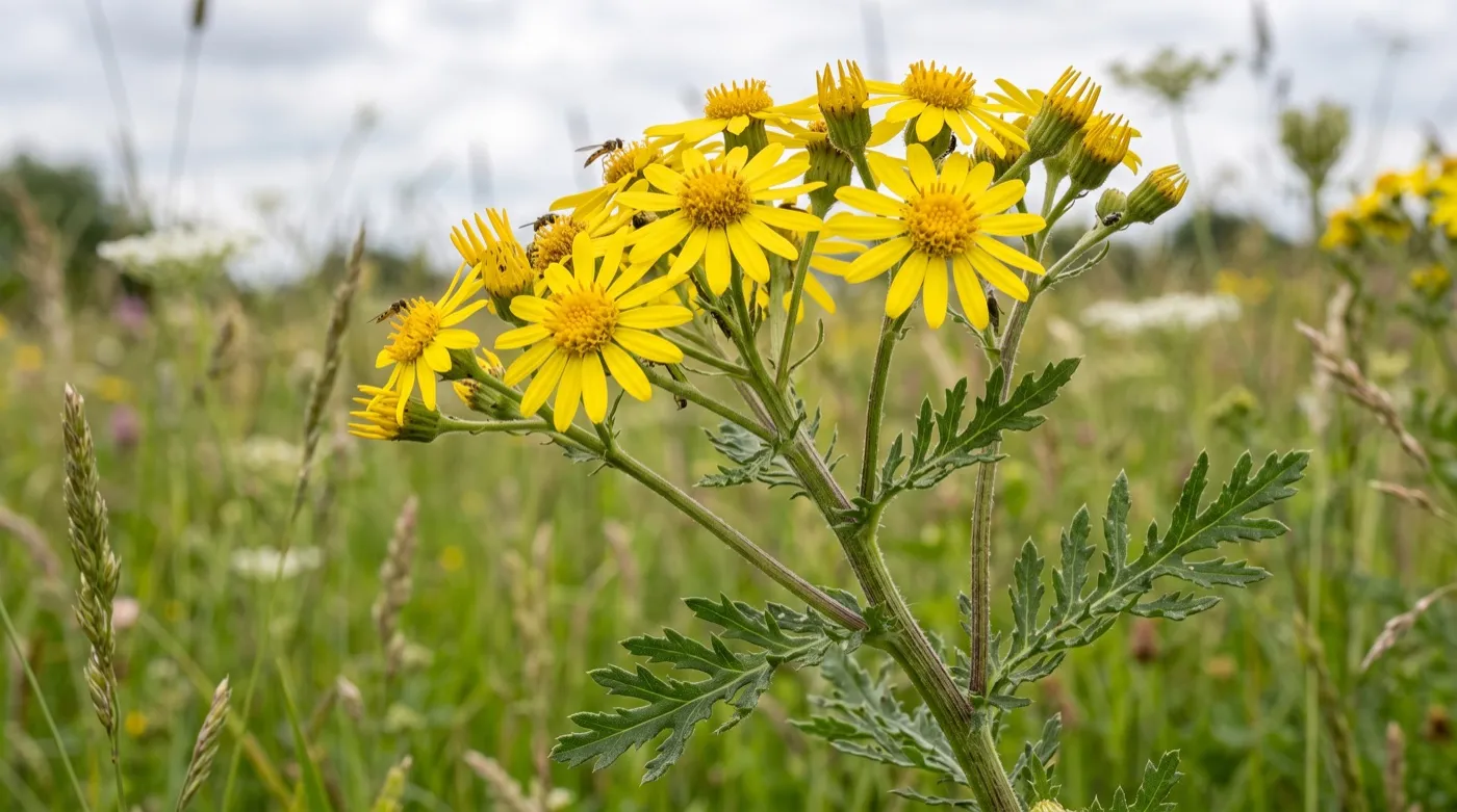 Close-up of common ragwort showing the flat-topped clusters of yellow daisy flowers and deeply lobed ragged leaves
