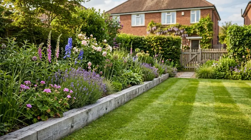 New oak railway sleeper edging around a planted border in a UK back garden
