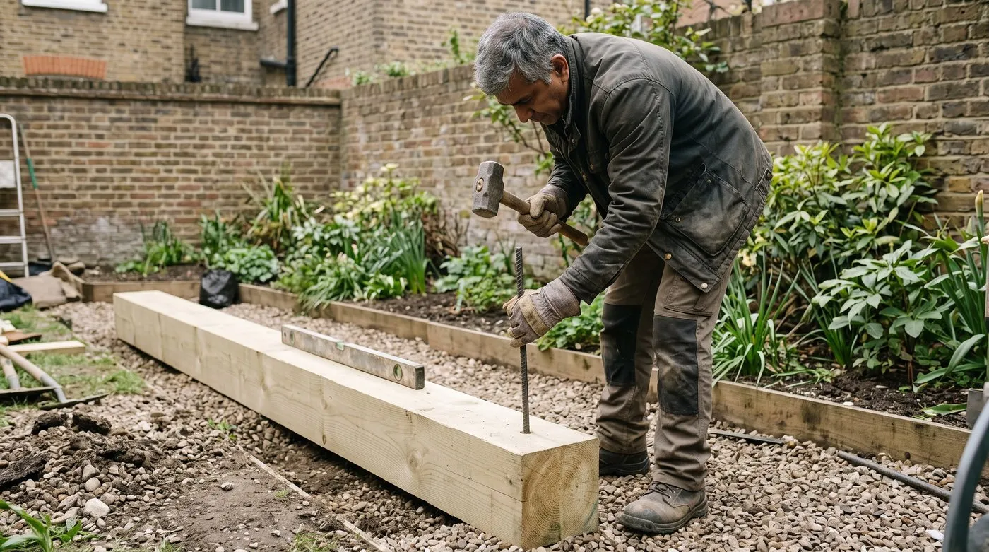 Gardener driving a steel rod through a new timber sleeper set on gravel in a shallow trench