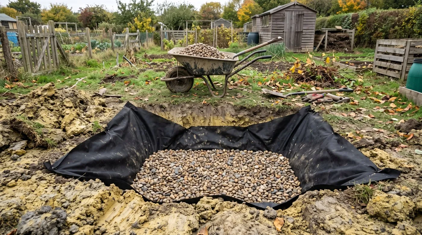Rain garden hollow in clay with fabric-lined sides and a layer of washed gravel on the base