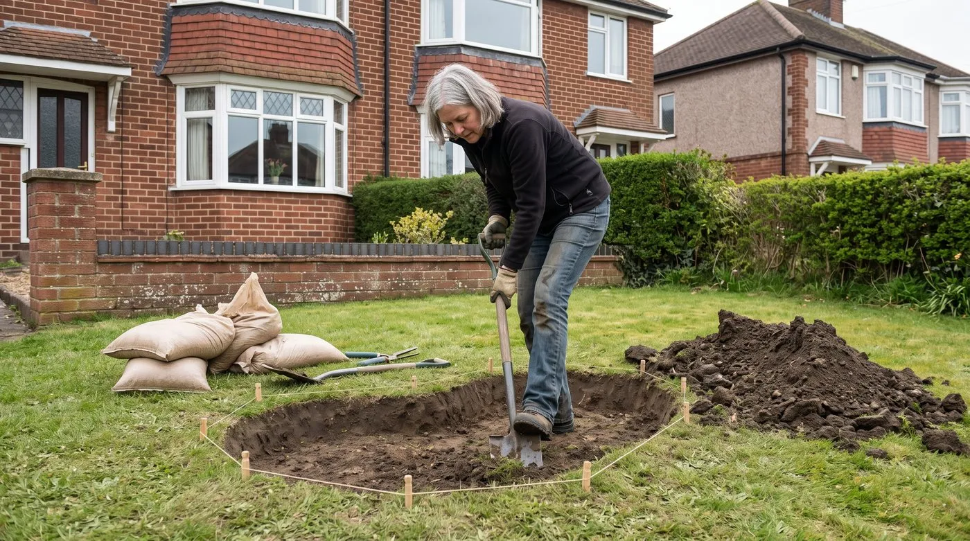 Woman digging a shallow, gently sloped hollow for a rain garden in a front lawn