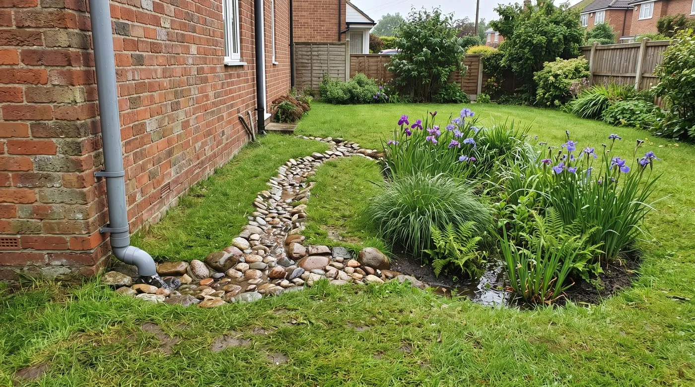 Downpipe feeding a cobble-lined channel across a lawn into a planted rain garden