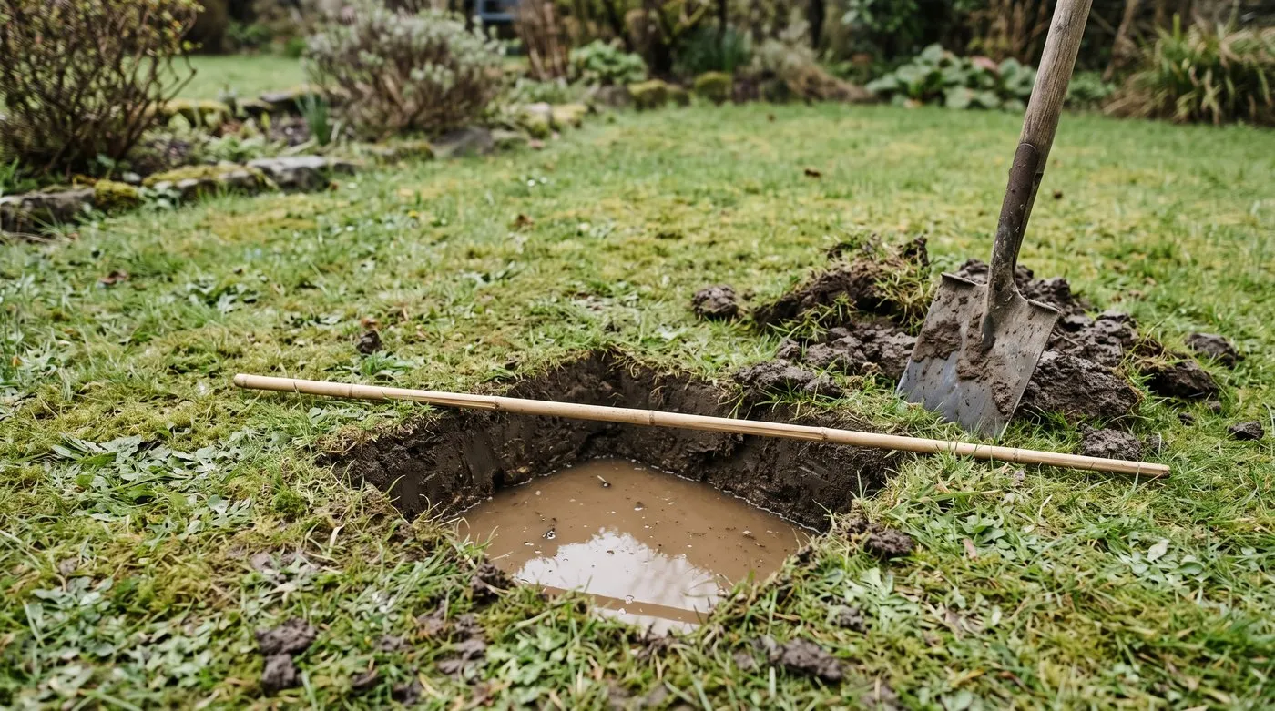 Square test hole in a lawn half full of water, with a spade beside it