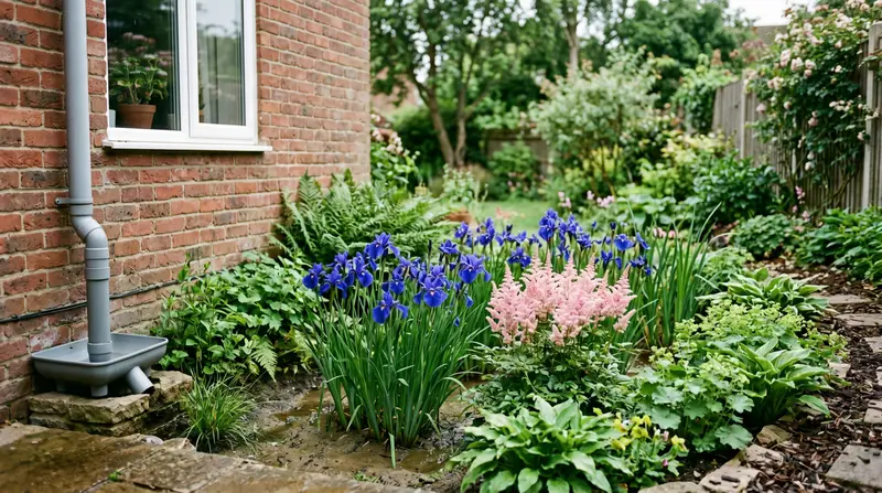 Planted UK rain garden with blue iris and pink astilbe beside a house downpipe collecting roof run-off