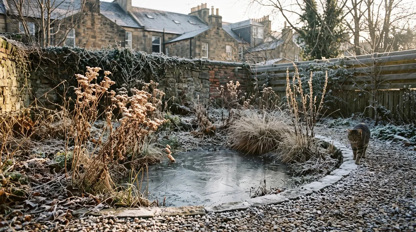 Frosted seedheads and grasses left standing in a rain garden in winter, with a cat on the edge