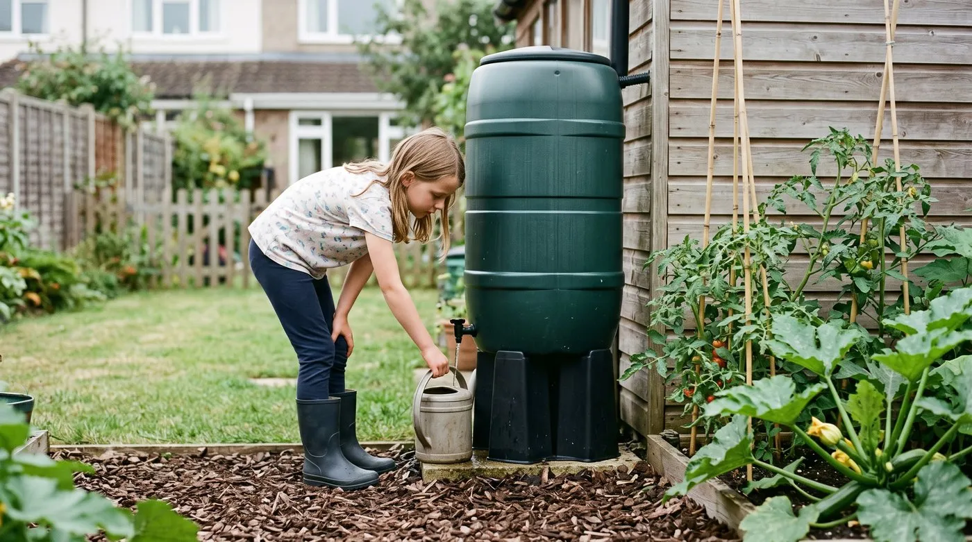 Girl filling a watering can from a raised water butt next to a bed of tomatoes and courgettes