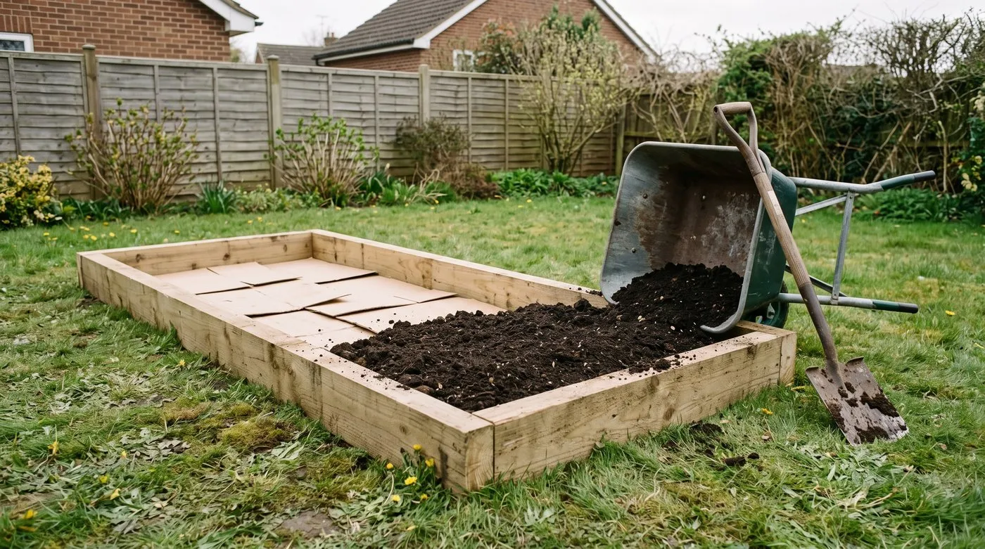 New raised bed lined with cardboard over grass and being filled with a topsoil and compost mix