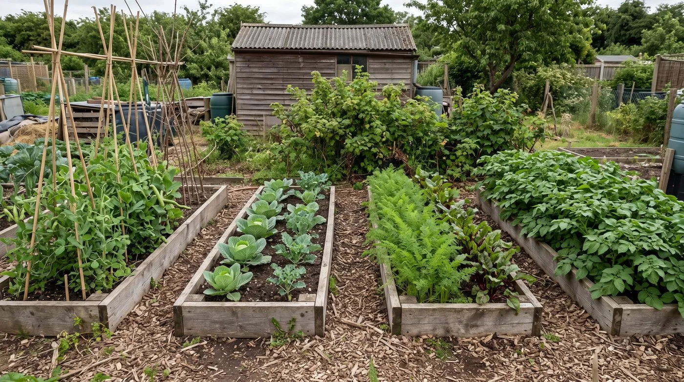 Four raised beds each growing a different crop family for a simple rotation