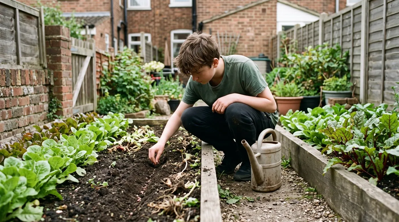 Teenage boy sowing radish seed into a gap in a raised bed after harvesting lettuces