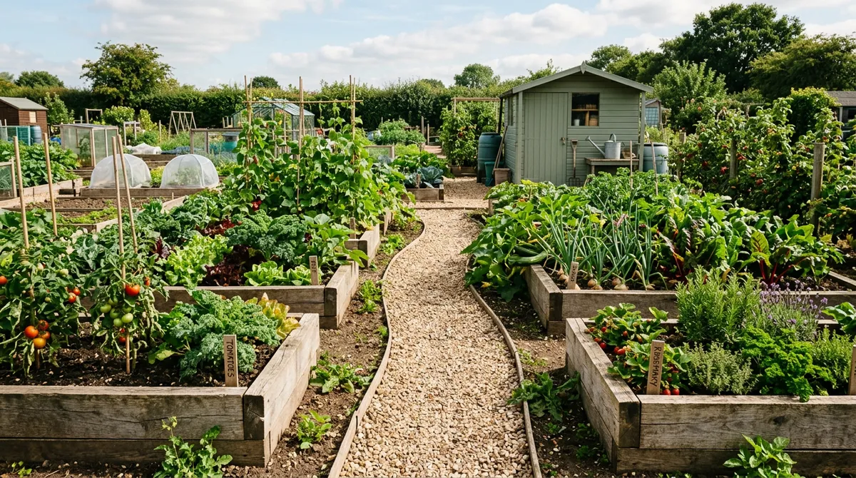 Wooden raised beds filled with vegetables and herbs in a sunny UK garden with a gravel path between them