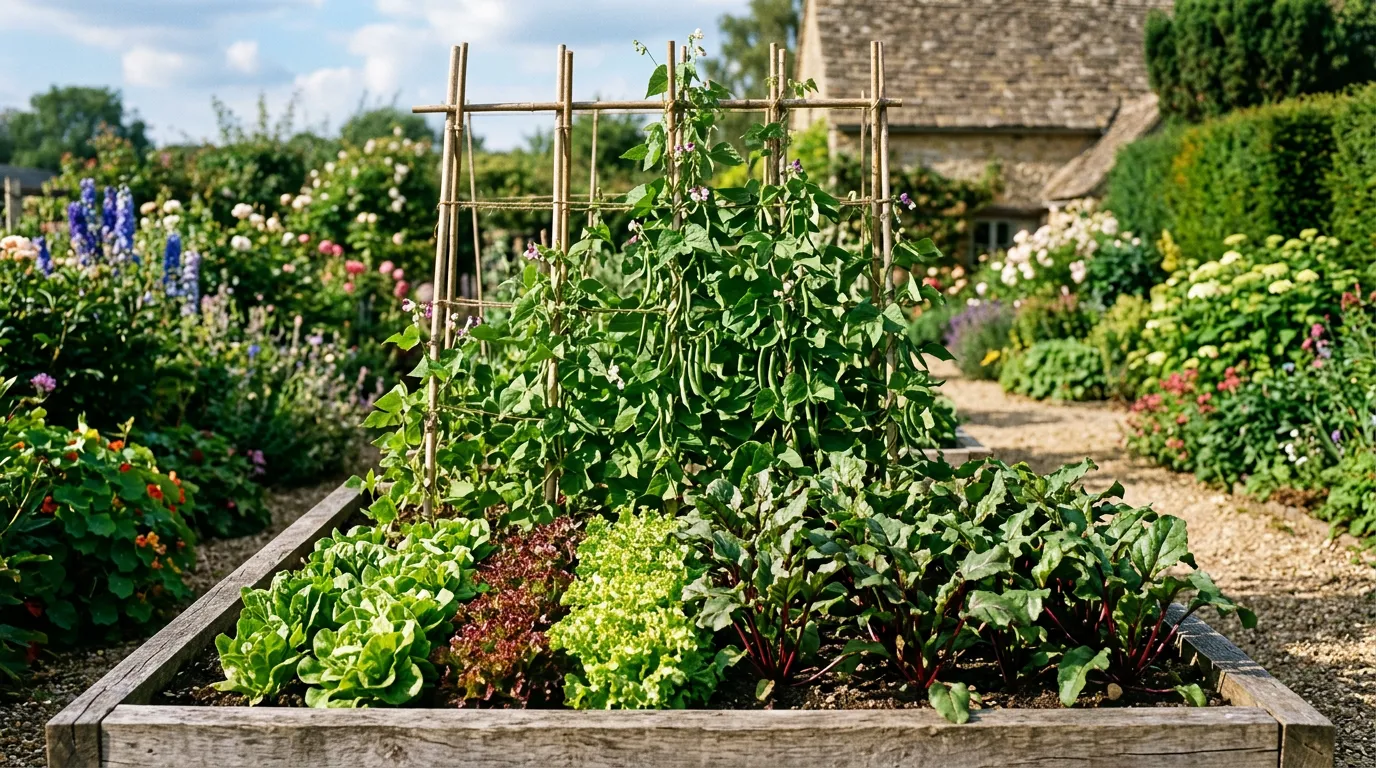 Raised bed planted with rows of lettuce, beetroot, and climbing beans on a wigwam in summer sunlight