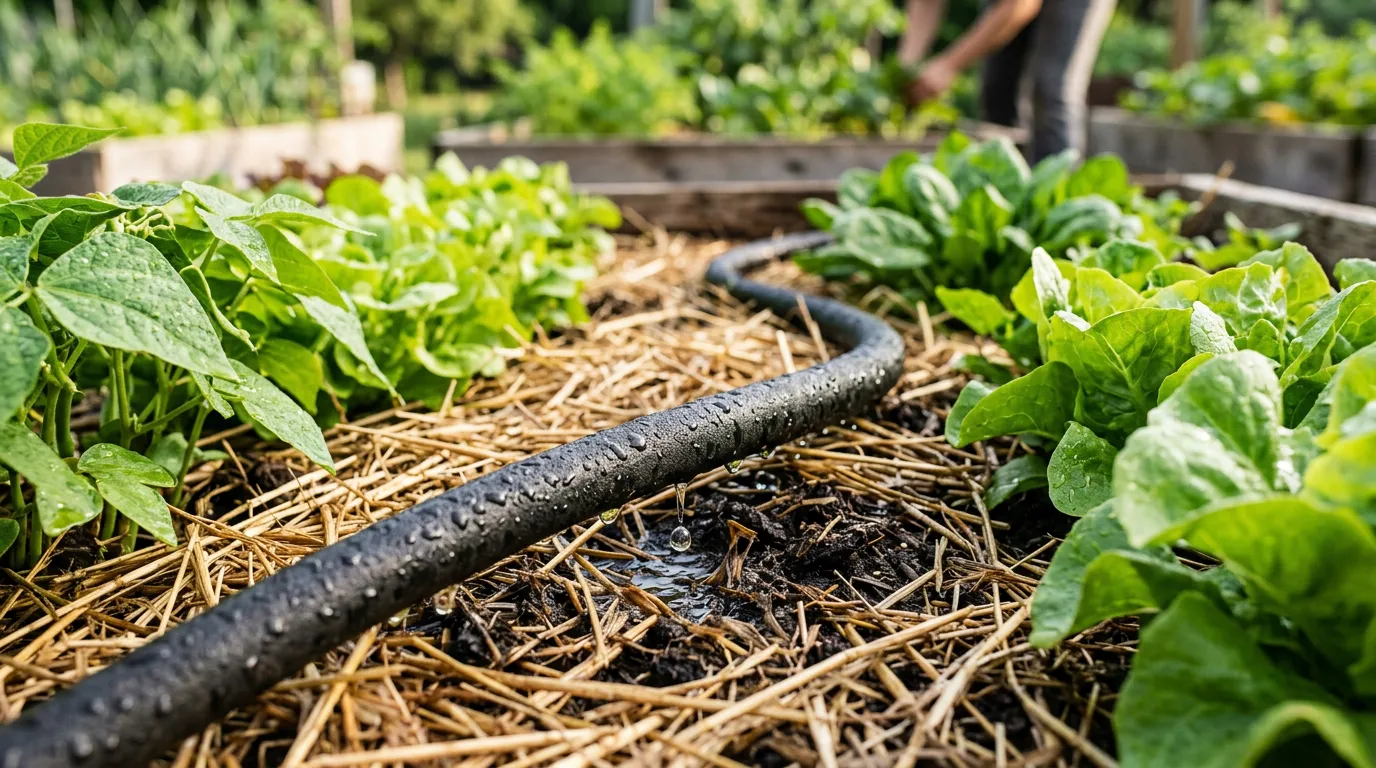 Drip irrigation soaker hose laid between rows of vegetables in a raised bed with straw mulch