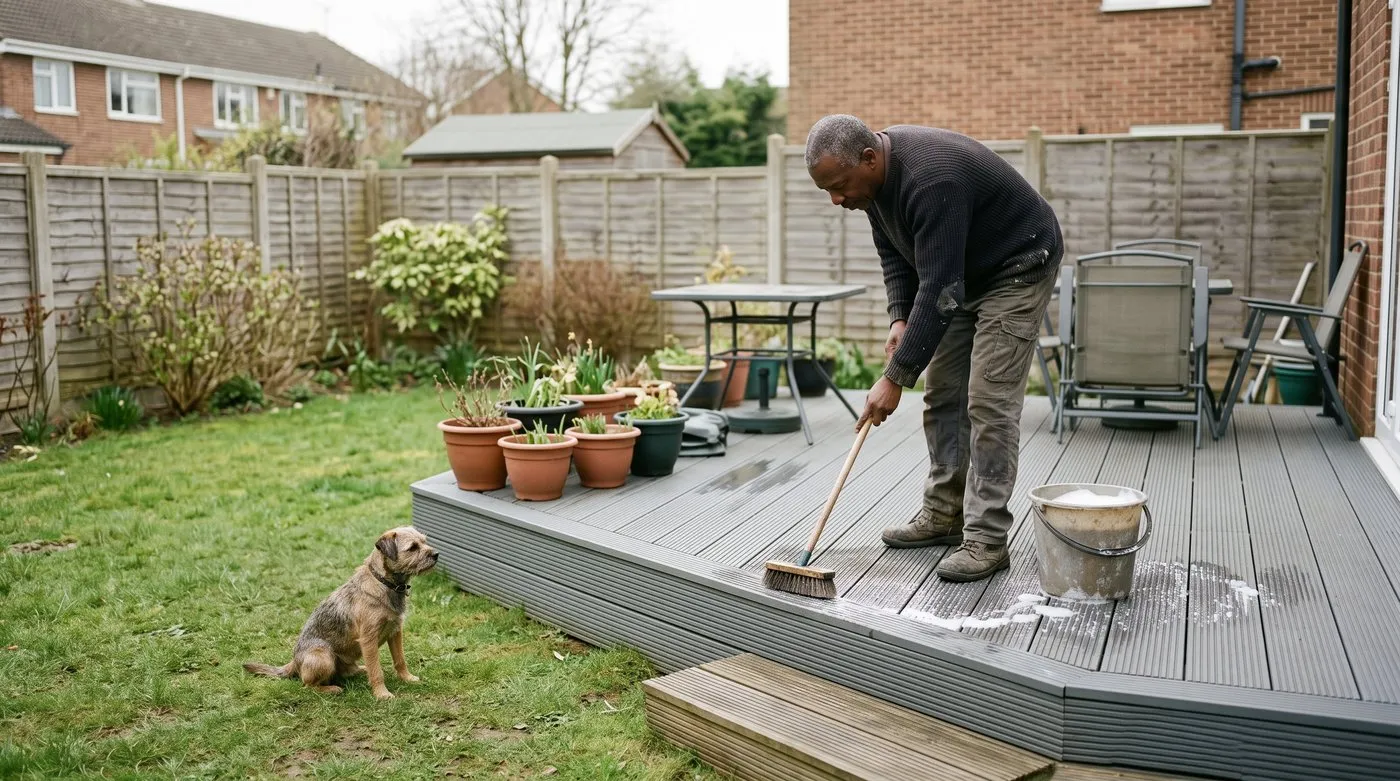 Scrubbing a grey composite raised deck with a stiff brush and soapy water while a terrier watches
