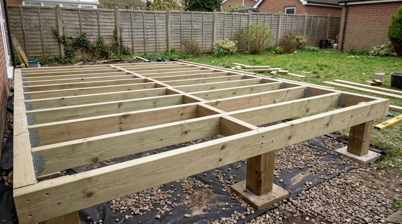 Raised deck joists fixed in galvanised hangers 400mm apart with noggins between them
