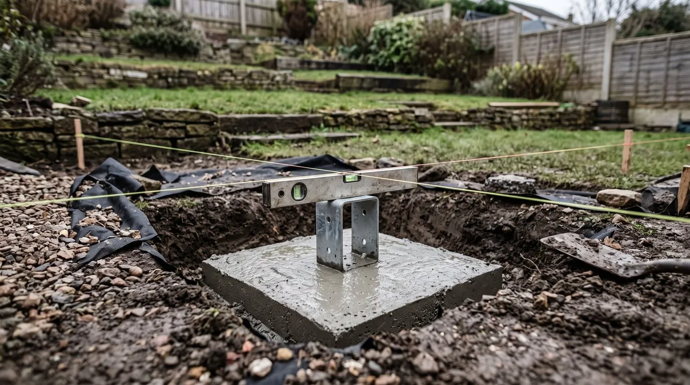 Raised deck foundation with a galvanised post shoe set level in a fresh concrete pad