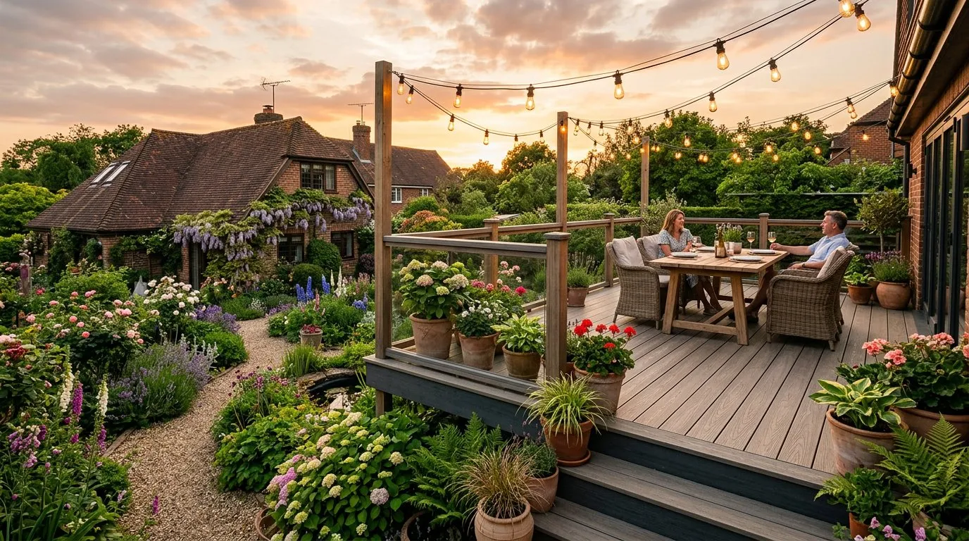 Completed raised composite deck with outdoor furniture, potted plants, and garden lighting overlooking a garden