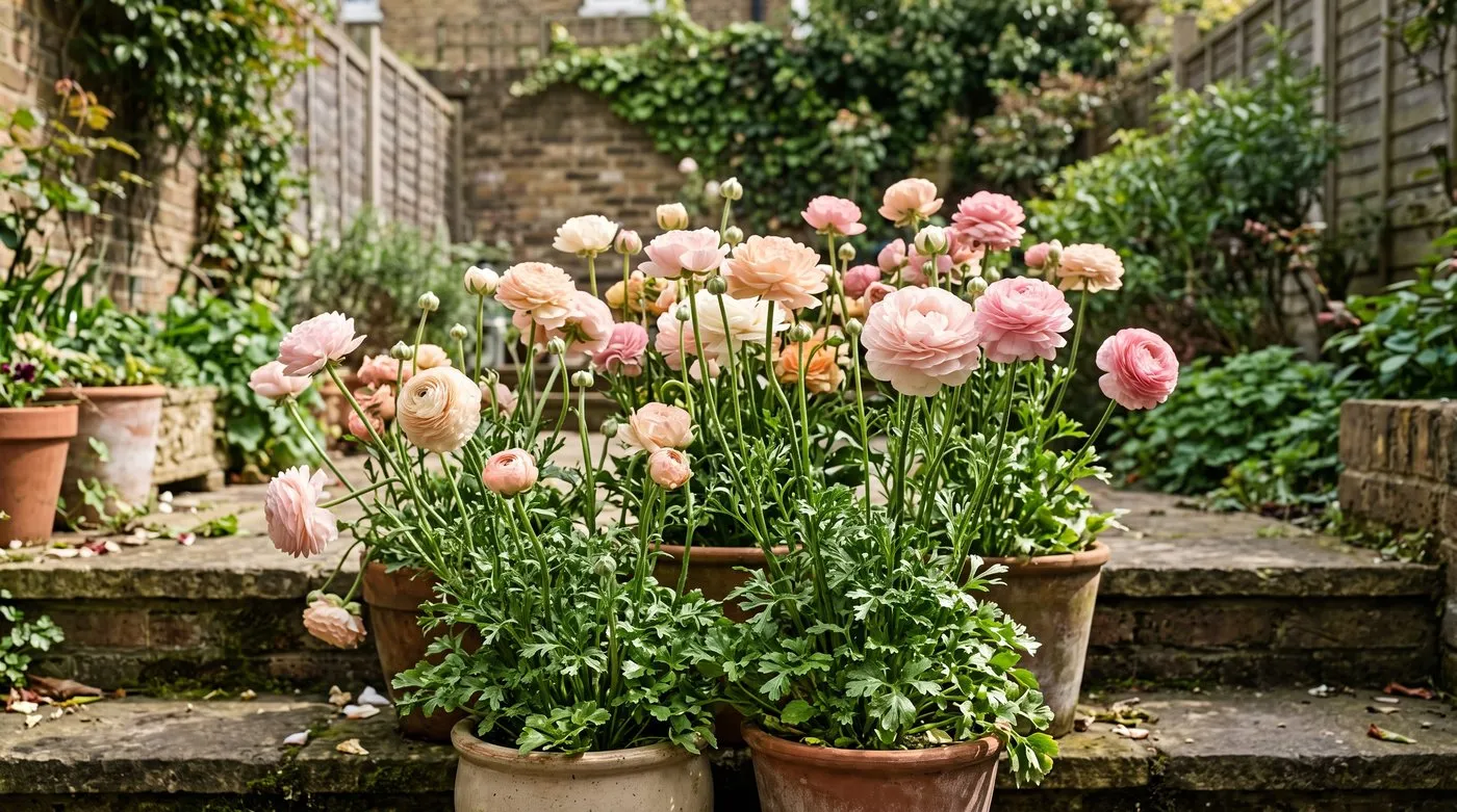 Pots of pastel double ranunculus with papery petals on a sunny patio step