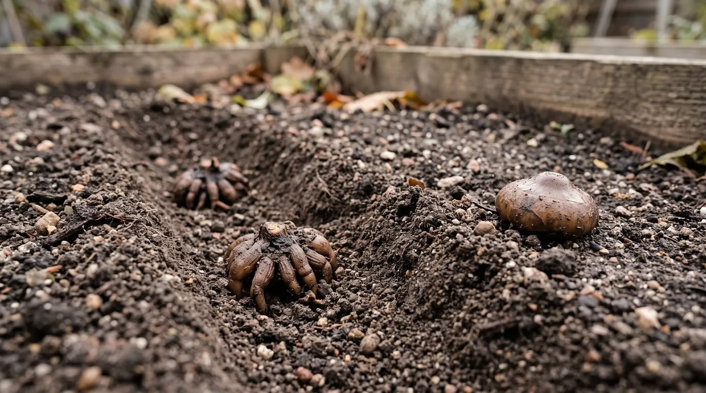 Soaked ranunculus corms set claws down in a shallow trench of gritty soil