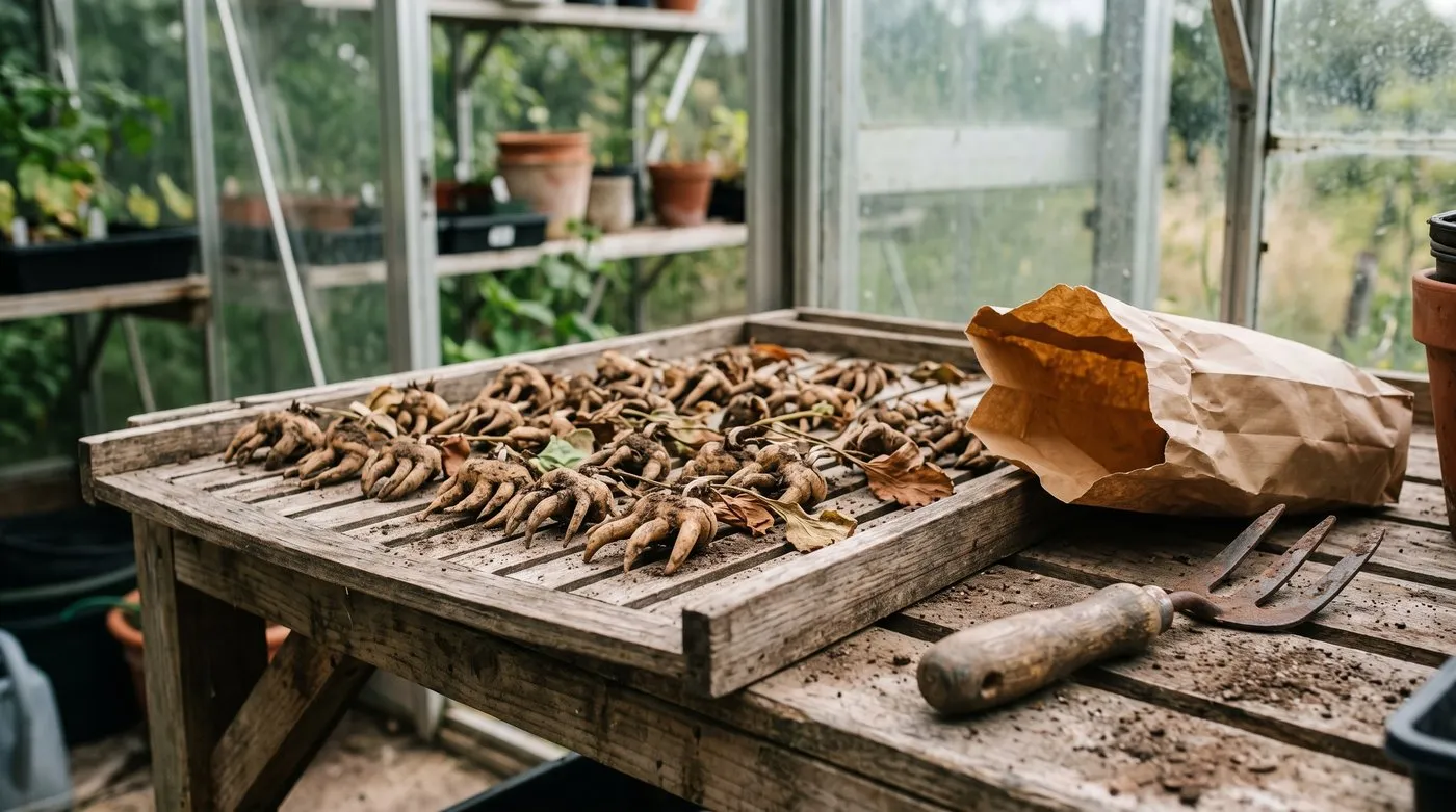 Lifted ranunculus corms drying in a single layer on a slatted greenhouse tray