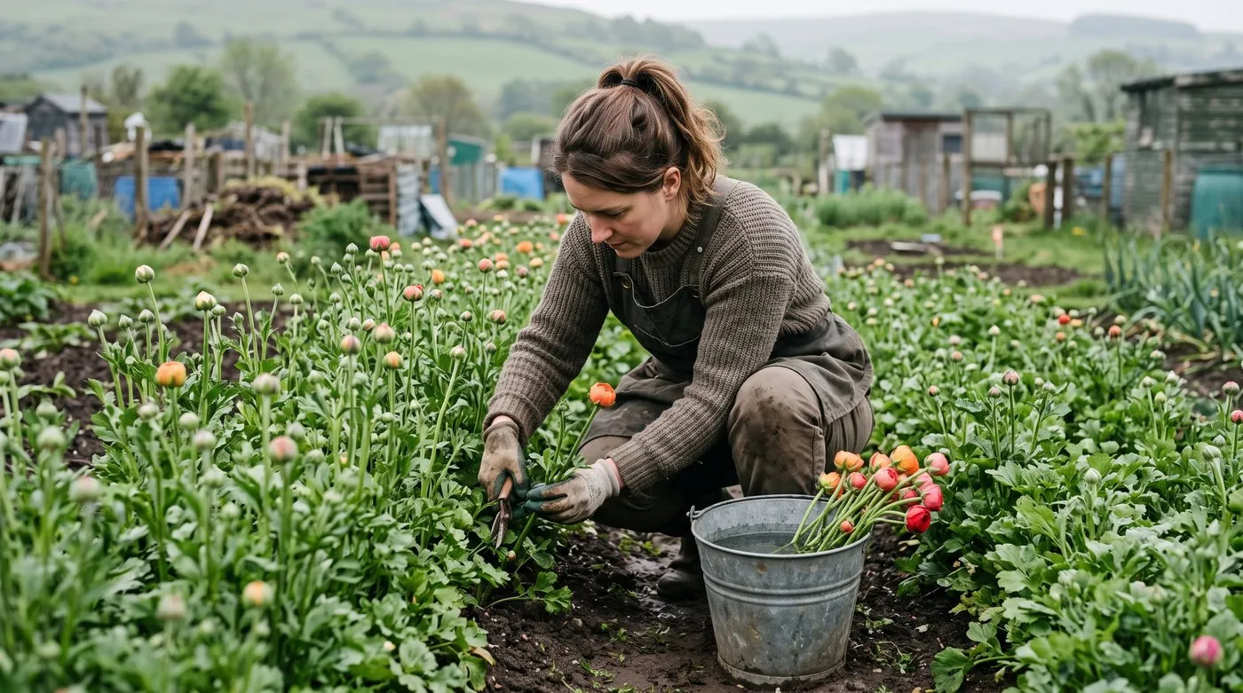 Woman cutting ranunculus buds showing colour into a bucket of water in a cutting patch