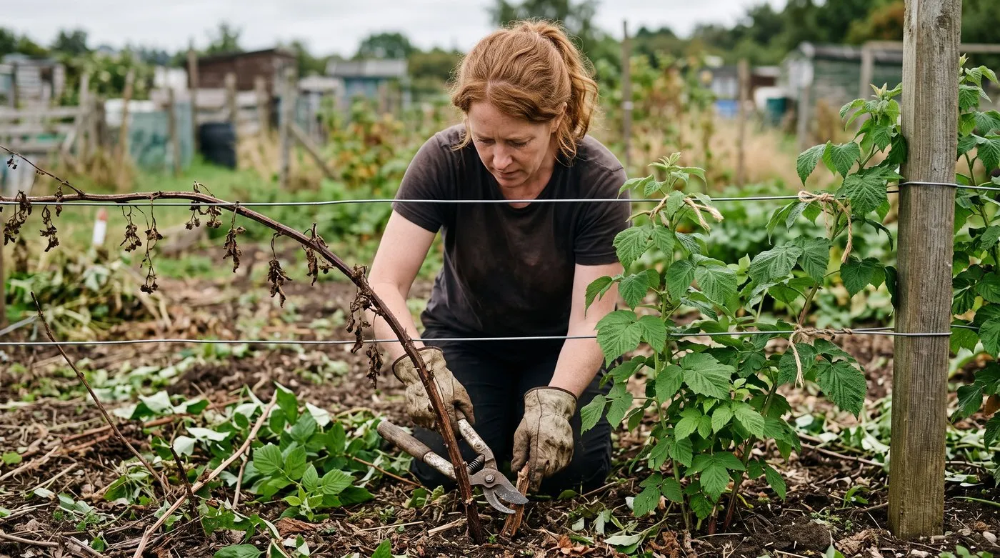 Gardener cutting old brown raspberry canes to the ground beside new green canes