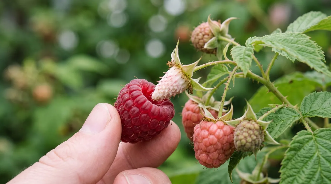 Ripe raspberry pulling away from the plant and leaving the white core behind