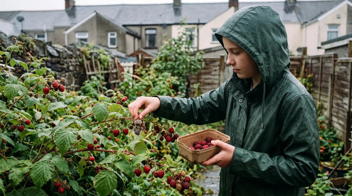 Girl picking raspberries into a punnet in wet weather, with one berry on the cane covered in grey mould