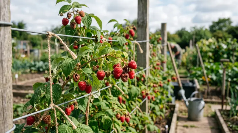 Ripe raspberries on a supported cane row at a UK allotment showing healthy and pest-damaged fruit
