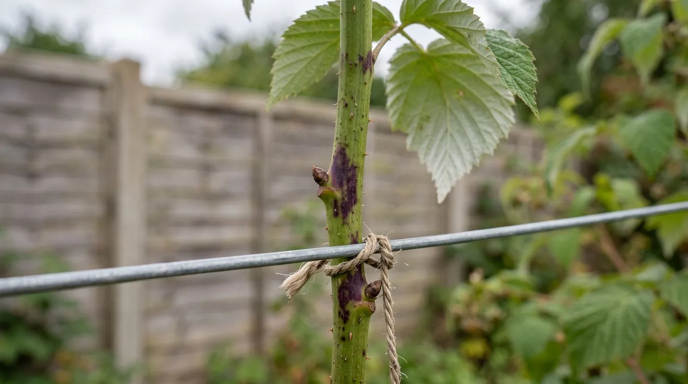 Green raspberry cane with purple-brown spur blight blotches around the buds