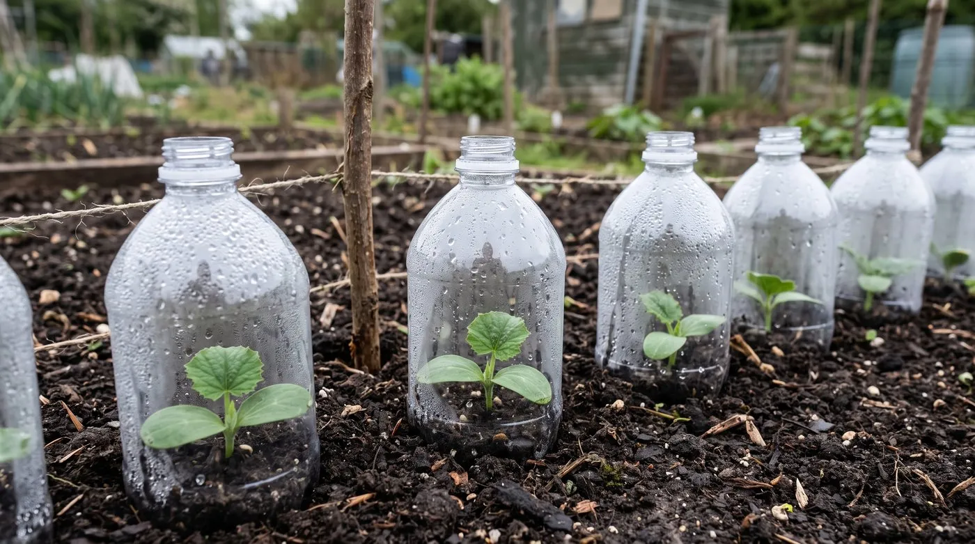 Cut-down plastic bottles used as mini cloches over young courgette seedlings on an allotment bed